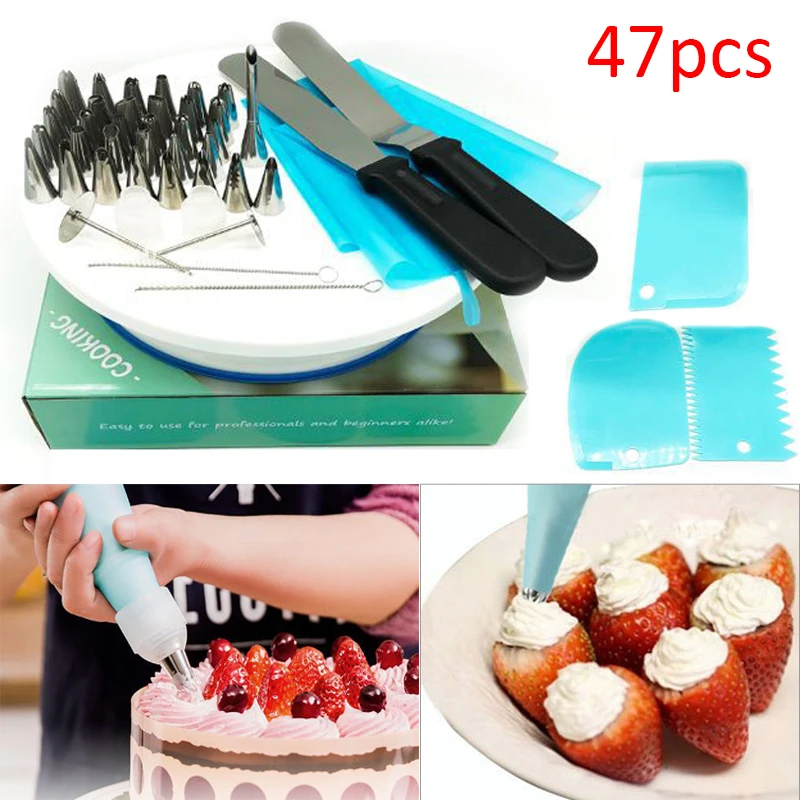 47pcs IVYSHION 47 шт. торта поворотный стол из нержавеющей стали Кондитерские насадки для крема с кондитерским мешком украшения для глазировка торта инструмент для выпечки - Цвет: 47pcs