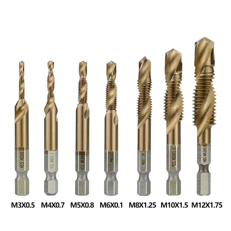 XCAN Hex Shank Thread Tap 7pcs M3 M4 M5 M6 M8 M10 M12 Metric HSS Screw Hole Drill Machine Plug TiCN Coated | Инструменты