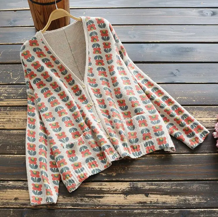 Vintage Mori Girl Floral Sweater 2019 V neck Autumn Loose Print Cardigan Knitting Coat Korean Fashion Women Tops YoYiKamomo |
