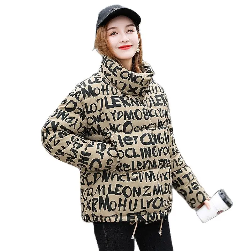 

Plus Size Women's Winter Cotton Puffer Jacket 2021 Fashion Letter Print Cropped Jacket Women Warm Loose Bread Clothes New Coat