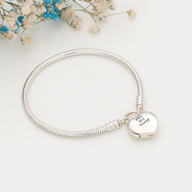 

100% 925 Sterling Silver Pan Bracelet Silver Heart Love Logo Chain Bracelet Fit European Charm Bracelets Women Jewelry