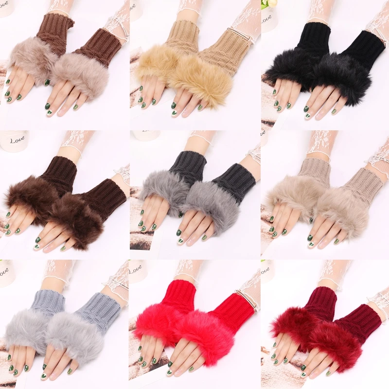 

Women Winter Fluffy Plush Patchwork Half Finger Gloves Crochet Knitted Solid Color Short Fingerless Mittens Wrist Warmer