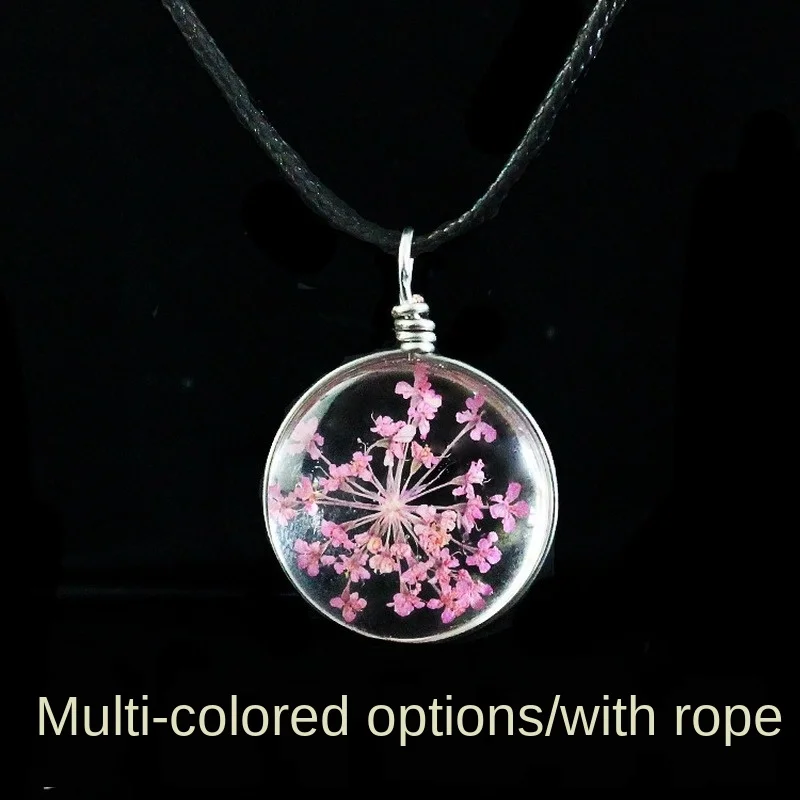 

Glass Pendant Necklace dry flower real dry flower Round Pendant Necklace wax rope necklace, suitable for women jewelry fashion