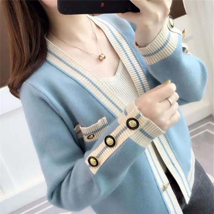 blue sweater MUMUZI/ осенний свитер с открытым стежком; теплое пальто с карманами и шалью; кардиган с длинными рукавами для девочек; вязаная одежда на пуговицах спереди; куртки с v-образным вырезом - Цвет: blue sweater