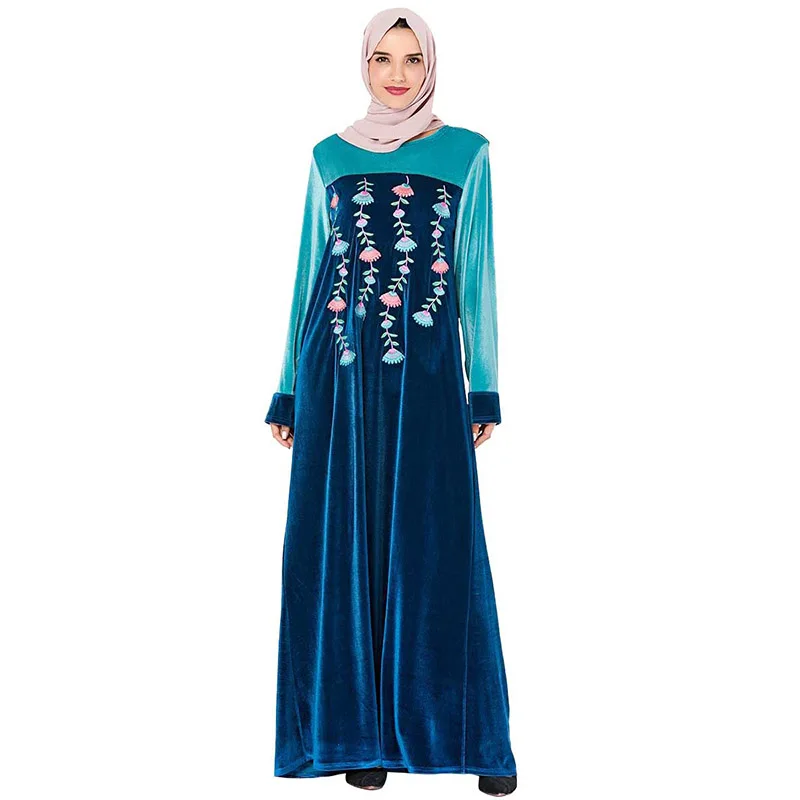 Абайя Исламская модное платье из бархата с длинными рукавами и вышивкой в консервативное платье Италия, Францию, Бельгию, Рамадан мусульман...