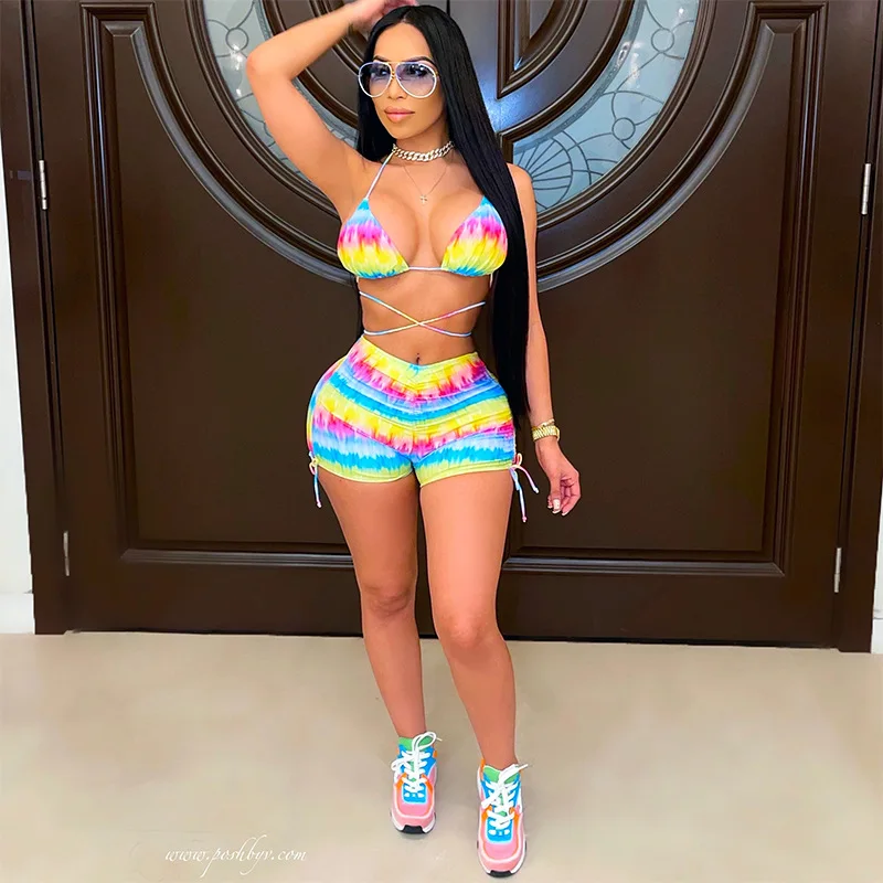 

Casual Colorful Halter Strapless Women Bra + Short Pants Two Piece Sets Summer Sleeveless Backless Streewear Female Outfits