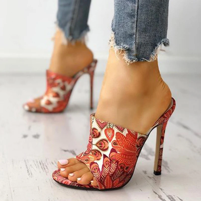 

Богемные стильные женские шлепанцы Босоножки с открытым носком без застежек женские мюли пикантные босоножки для вечеринки на высоком каб...