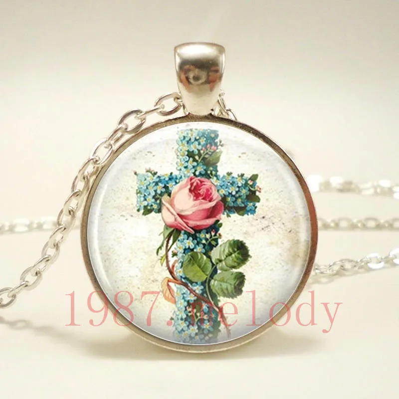 

Rose Cross Creative Vintage Photo Cabochon Glass Chain Necklace,Charm Women Pendants Fashion Jewelry Gifts