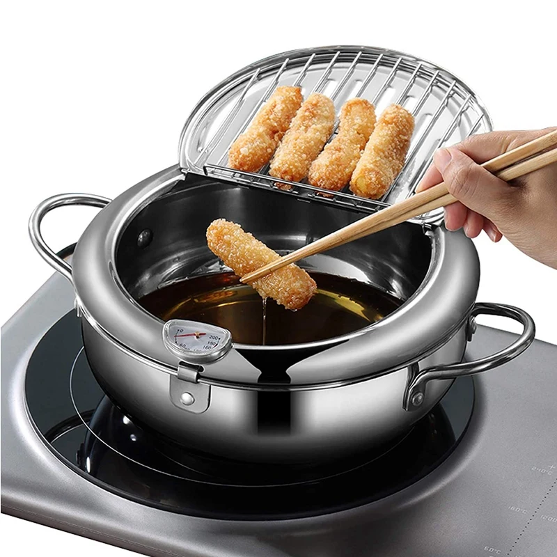 

Tempura Frying Pot, Japanese Style 304 Stainless Steel Deep Fryer Pan with Thermometer,Lid and Oil Drip Drainer Rack