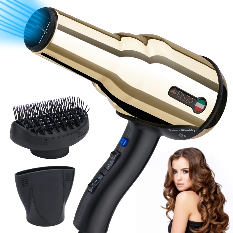 Metal Body Salon Professional Hair Dryer Volumizer Negative Ion Blow Dryer Brush Hot/Cold Wind 2 Speed And 3 Heat Settings