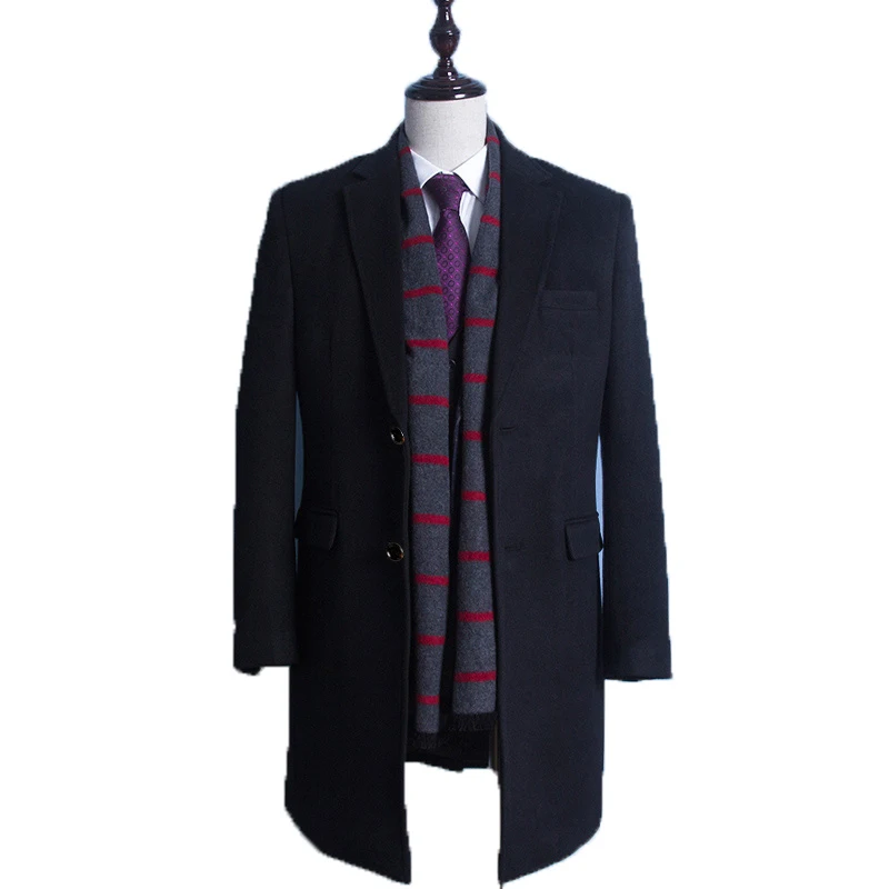 Мужское шерстяное пальто зимнее средней длины черного цвета WUJ1184 6XL |