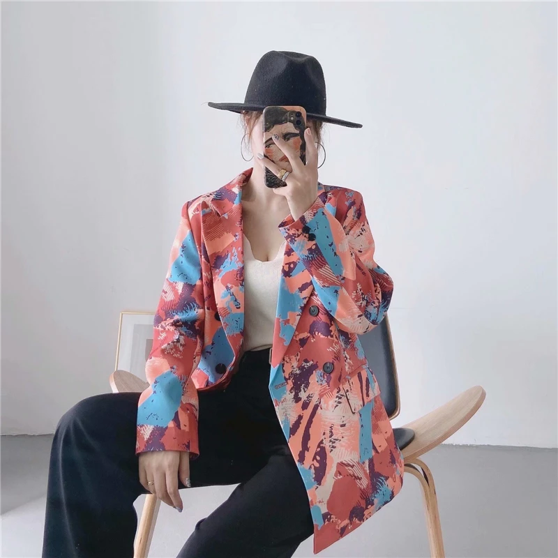

TMODA599 Za Women 2021 Fashion Double Breasted Print Blazer Coat Vintage Long Sleeve Pockets Female Outerwear Chic Jacket Tops
