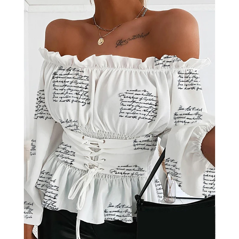 

Women Solid Color Off Shoulder Ruffle Blouse Ladies Shirt Sexy Slash Neck Strapless Long Sleeve Lace Up Corset Spring Blouses