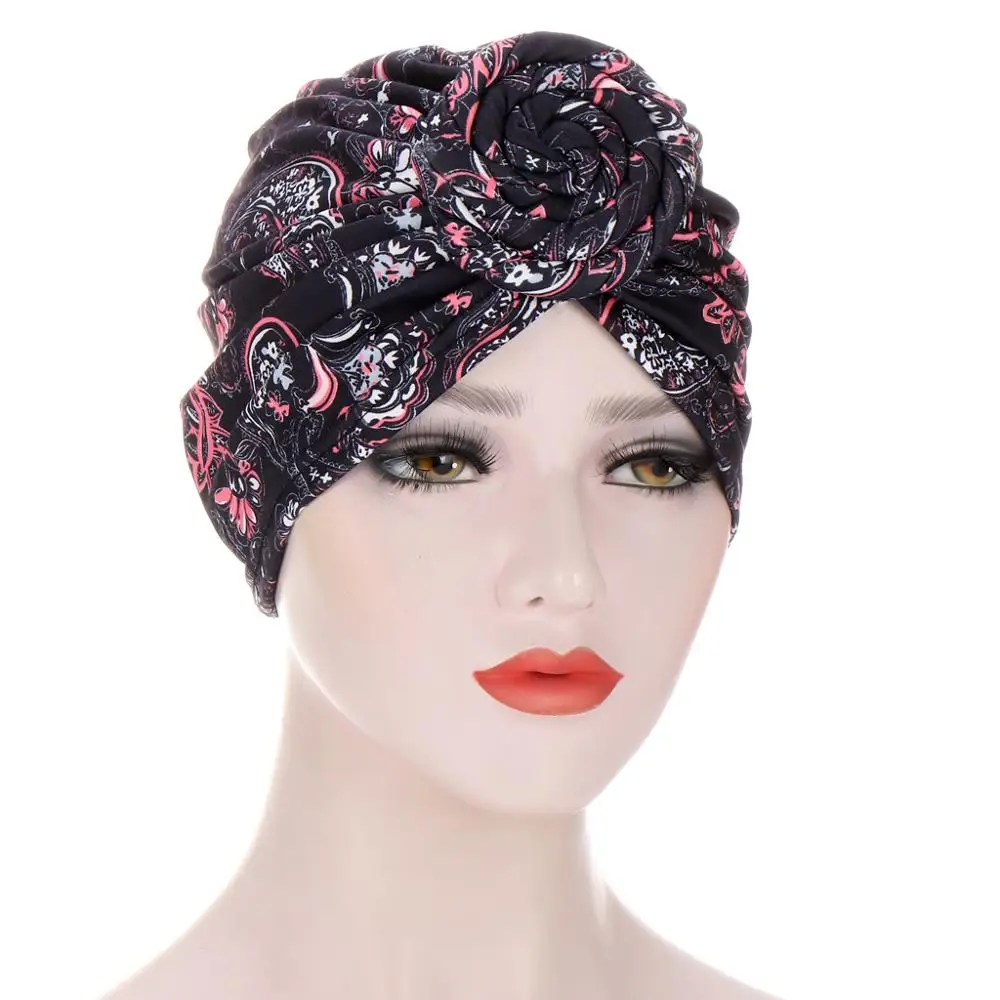 

2020 Fashion Swirl flower headband hat Boho print ethnic hat cotton Muslim hat women donut turban caps africain femme turbante