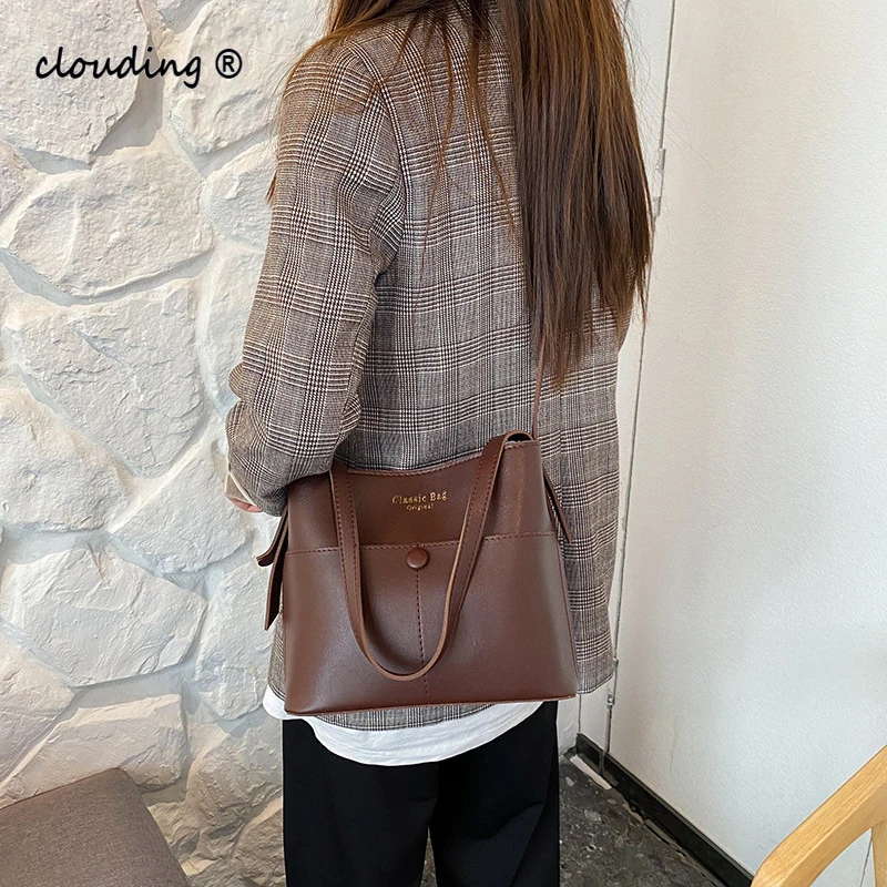 

Women's Fashion Bucket Bag Simple And Versatile PU Leather Shoulder Bag Handbag Casual Large Tote Bag