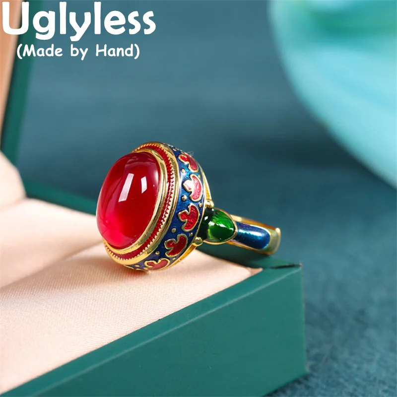 

Uglyless Indonesia Island Style Curundum Rings for Women Enamel Exotic Semi-precious Gemstones Jewelry 925 Silver Retro Rings