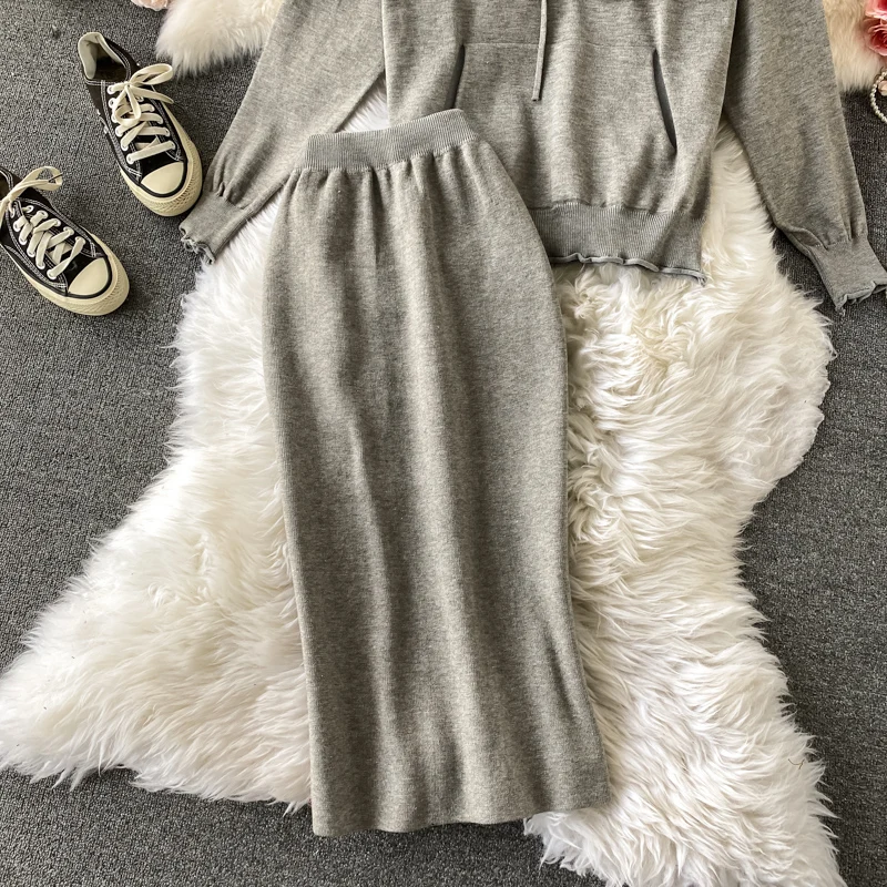 

Autumn Winter Women Knitted Two Piece Set Casual Pink/Gray/Beige Hooded Pullover Outerwear + High Waist Bodycon Skirt Suit New
