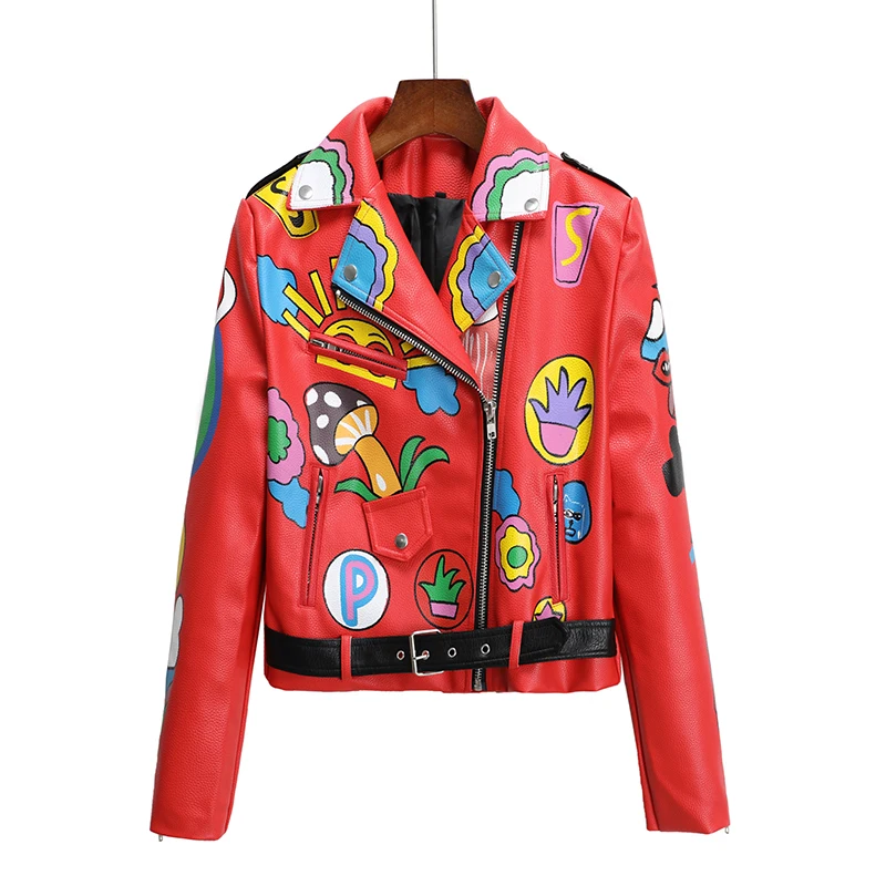 Cropped faux leather jacket for women spring autumn winter new short cartoon printing zips rock punk moto style pu leather coat