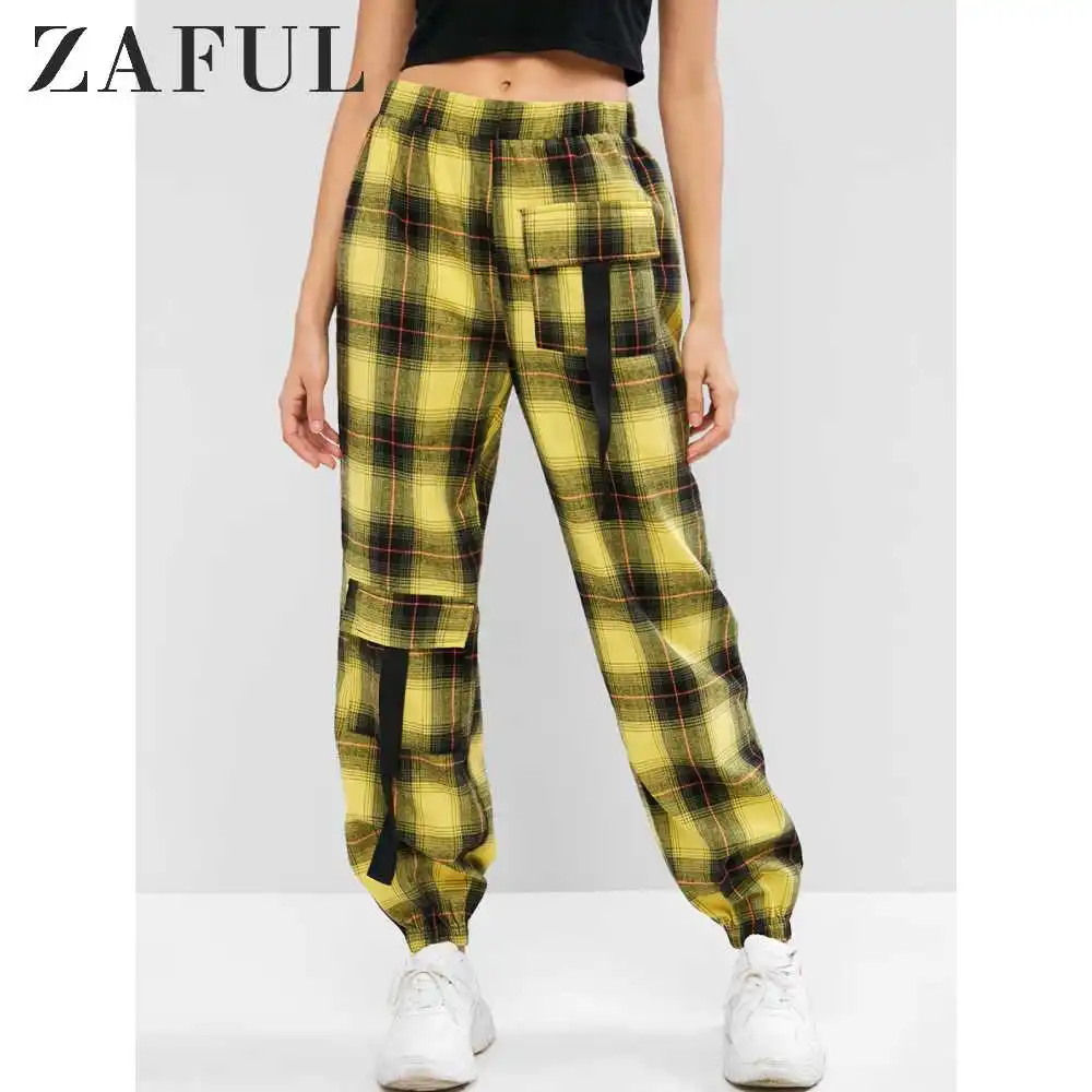 ZAFUL, штаны для бега с высокой талией, новинка, Осень-зима, женские, повседневные, свободные, бандажные, клетчатые, шикарные, длинные штаны для девушек, брюки