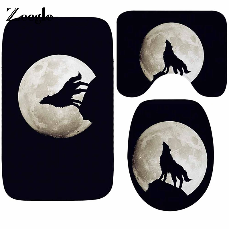 Zeegle Wolf Printed Bathroom Mat Set Toilet Rug Anti-slip Carpet for Bath Memory Foam Floor Mats |