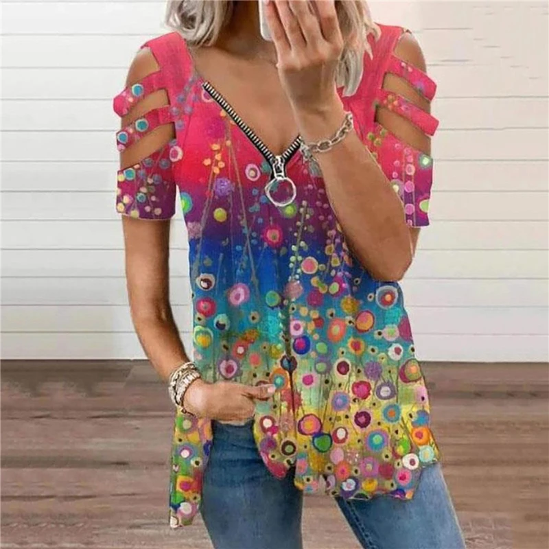 

Женская Повседневная футболка на молнии, свободные футболки в стиле Харадзюку С принтом звезд, винтажные пикантные футболки с открытыми пл...