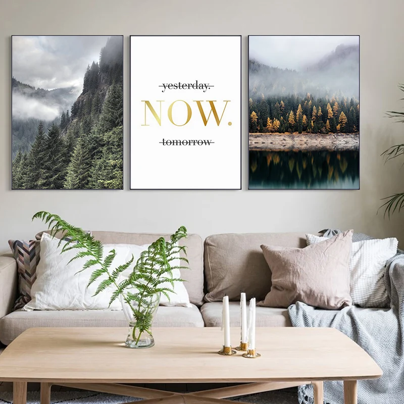 Foggy Forest Print Landscape Mountain Canvas Painting Green Nature Poster Wall Art Aerial View Pictures Scandinavian Decor |