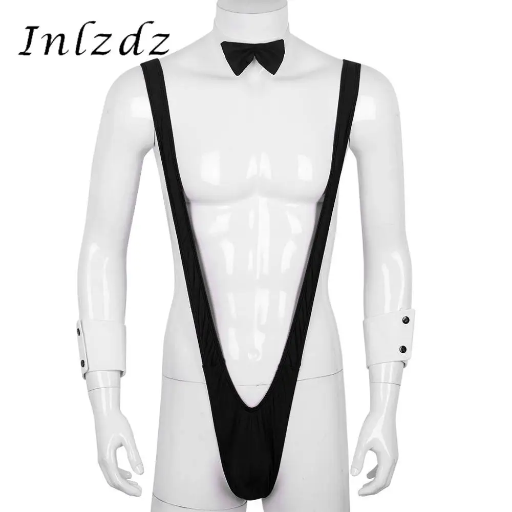 

3Pcs Mens Lingerie Mankini Thong Underwear Suspender Bodysuit Style V Sling Stretch Strap Thongs Bodysuit with Bowtie and Cuffs