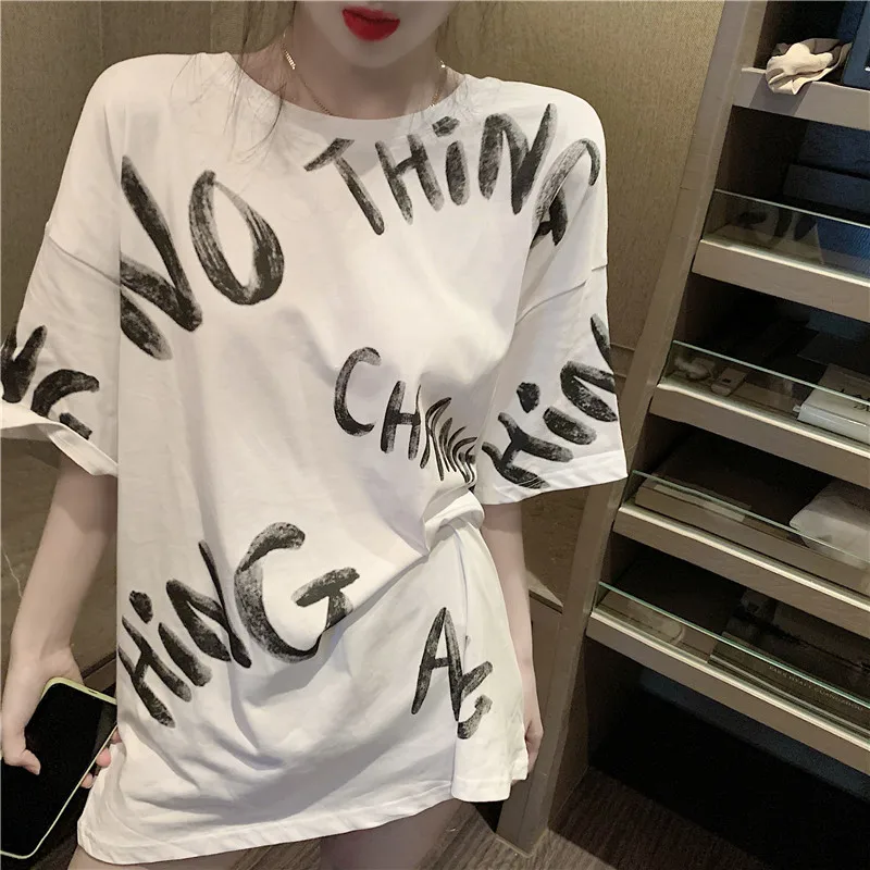 Футболка женская с коротким рукавом свободная рубашка средней и длины круглым