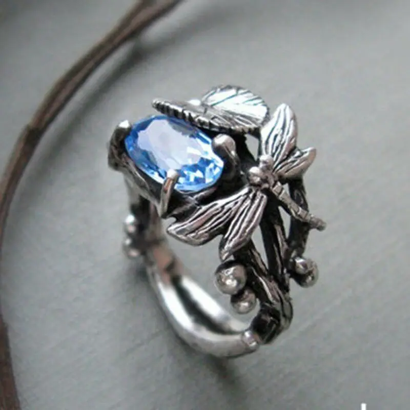 

Women Elegant Retro Silver Color Blue Crystal Dragonfly Rings Party Jewelry Gift
