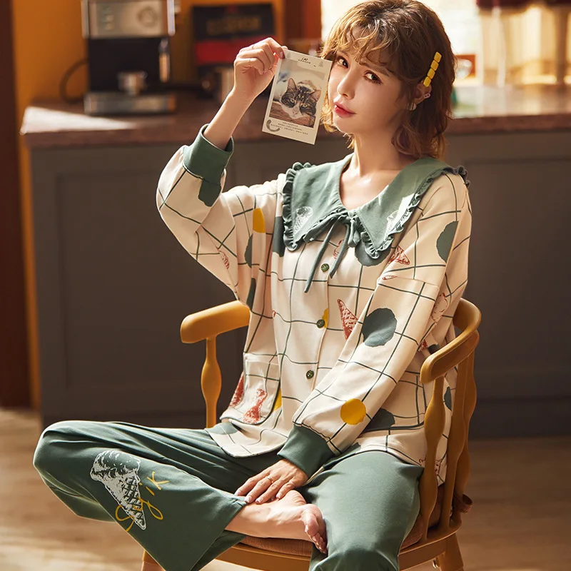

Autumn Cotton Pajama Set Woman Cardigan Long Sleeve Sleepwear Sweet Doll Collar Bow New's Pijama Cartoon Lattice Sleeping Tops