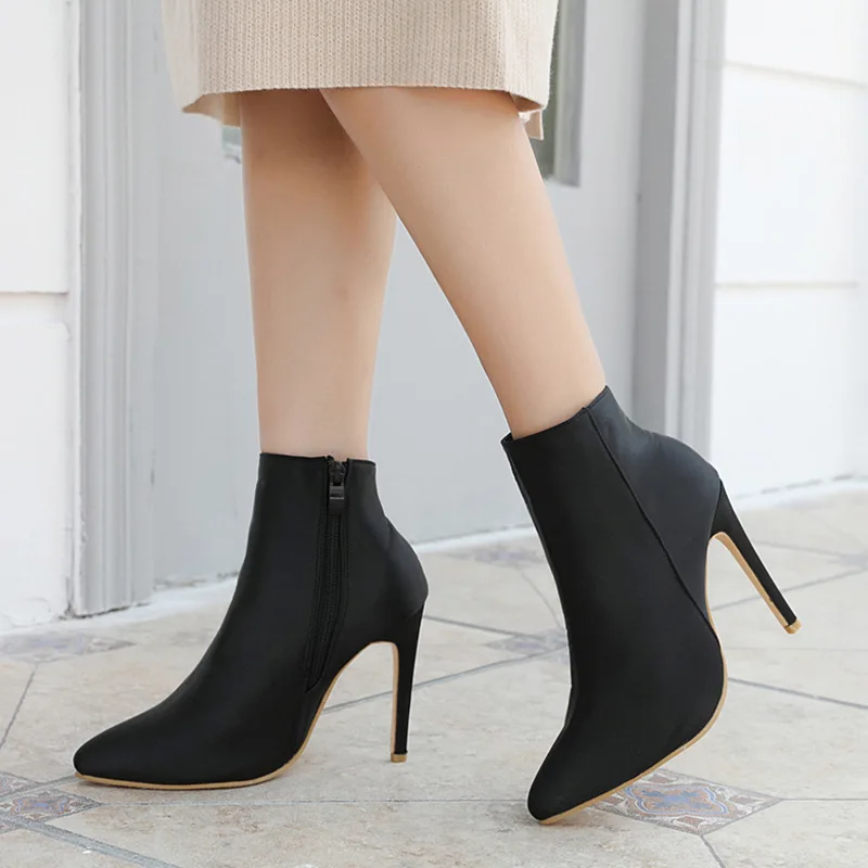 Обувь из PU искусственной кожи женские ботинки ботильоны флиса на тонком каблуке