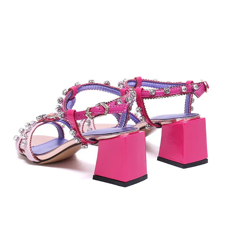 

Prowow Shinny Metallic Leather T Strap Summer Sanddals Open Toe Diamond Jewel HIgh Heel Bohe Sandals Shoes Women