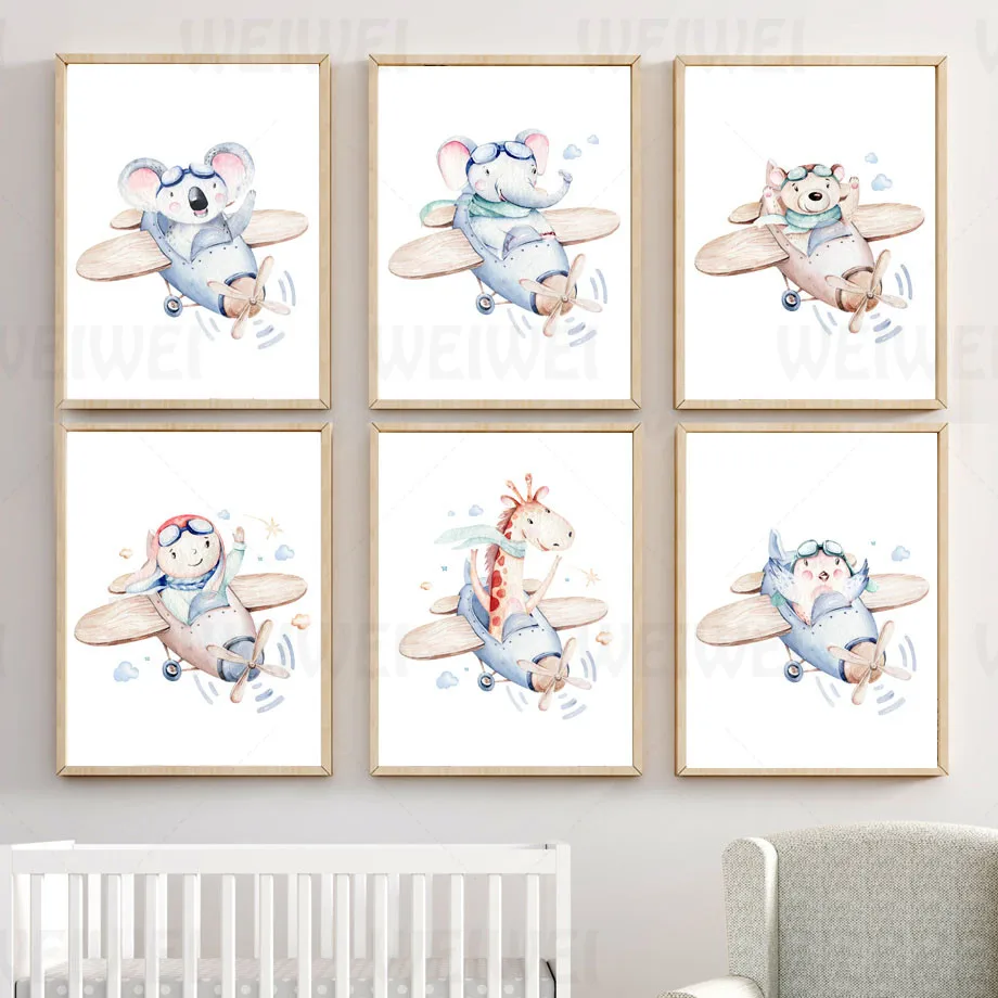 

Small Animal Flying a Plane Cartoon Painting Children's Room Wall Decoration Painting Koala Elephant Bear Giraffe Canvas Poster