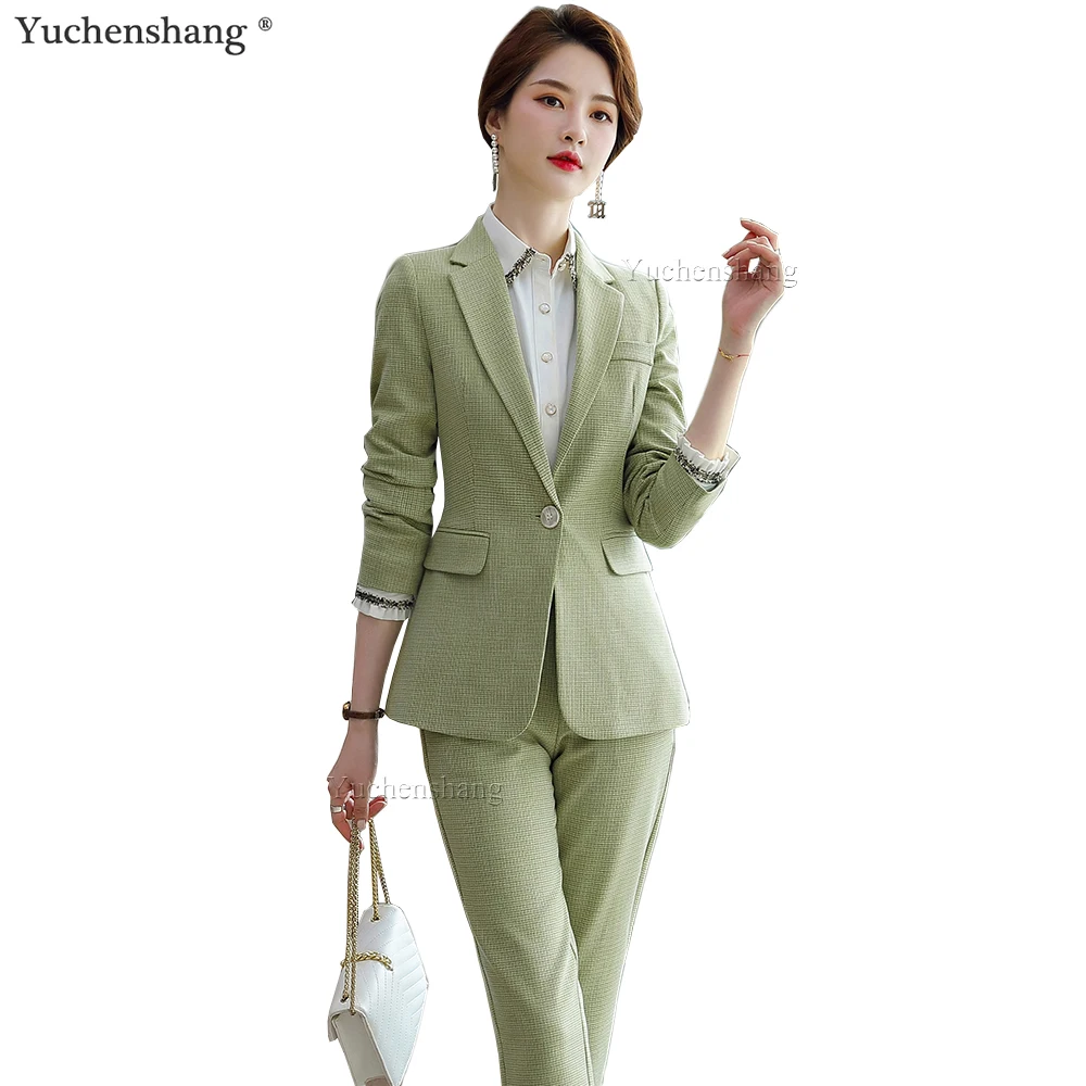 Деловой брючный костюм для женщин зелено серый классический блейзер офиса и