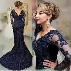 On Sale Charming Dark Navy Lace Mermaid Long Sleeve Mother of the Bride Dresses V Neck Wedding Party