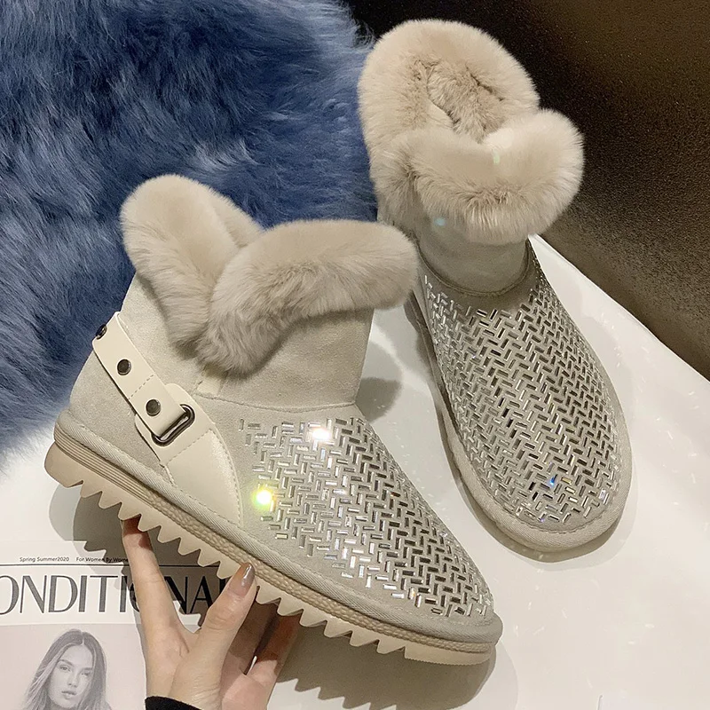 Boots Female Women Shoes Fur Winter Boots Warm Women Furry Snow Boots Ladies Non-Slip Home Flat Shoes Rhinestone Woman Shoes