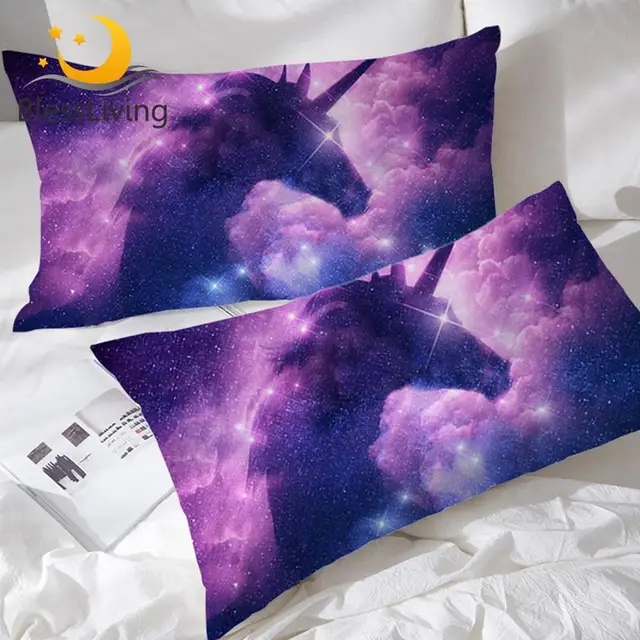 BlessLiving Unicorn Bed Pillowcase Purple Galaxy Pillow Case Nebula Pillow Cover 3D Printed Glitter Pillow Protector 50x75 2pcs 1