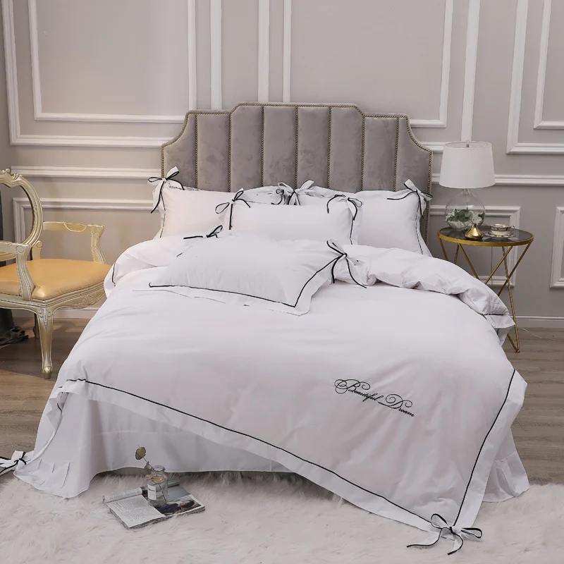 13372 Pure Cotton Embroidery Duvet Cover Pillowcases Flat Bed Sheet 4 Pcs Linen Queen King White Lake Blue Green Dark | Дом и сад