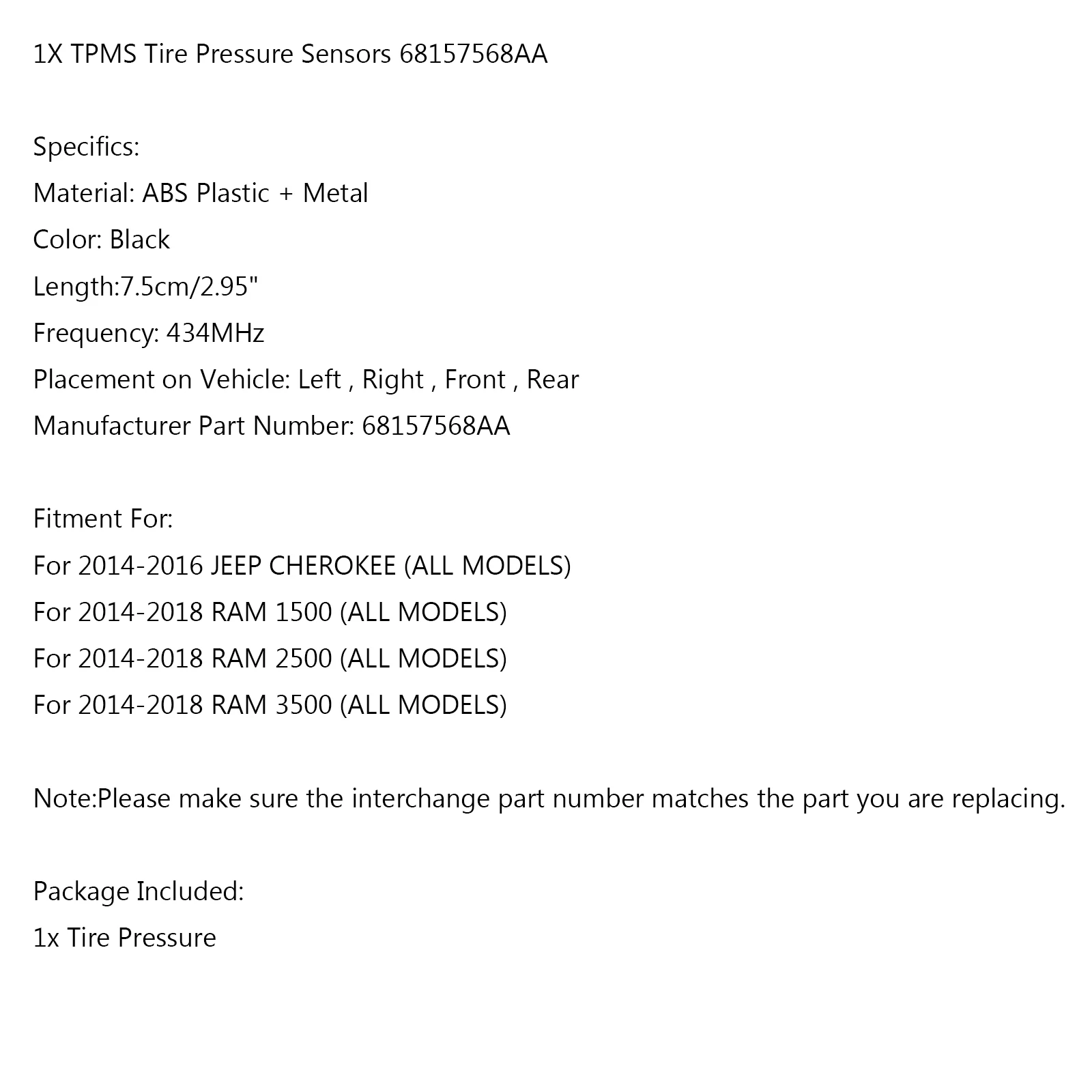 Artudatech 1 шт. датчик давления в шинах TPMS 68157568AA для 2014-2018 Jeep Dodge Ram автомобильные