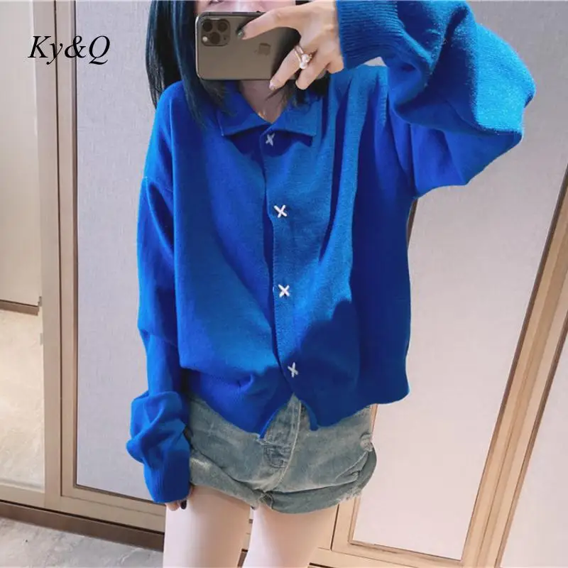 

2020 Runway Fashion Brand Clothes High Winter Quality Fall Blue Lapel Loose Knit Cardigan Casual Long Sleeve Sweater Vestidos