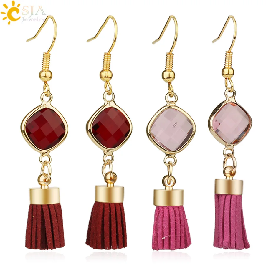 Csja ткань кисточкой квадратные стеклянные висящие серьги с подвесками для