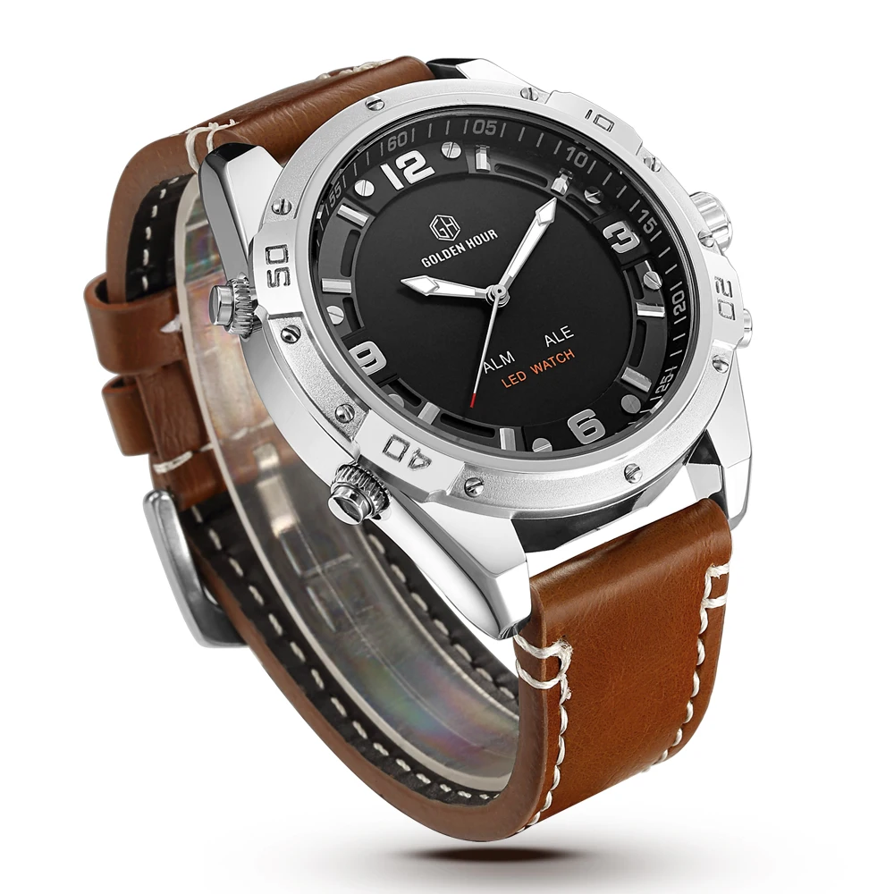 Часы мужские кварцевые с кожаным ремешком светодиодные водонепроницаемые