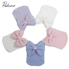 Шапка-бини унисекс в полоску, с бантом, для новорожденных