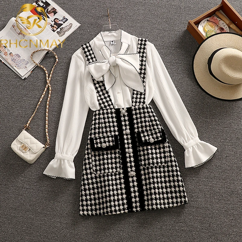 

Retro Women Design White Long Sleeve Bowknot Blouse And Sleeveless Suspender Short Houndstooth Dress 2PCS Set Female Autumn