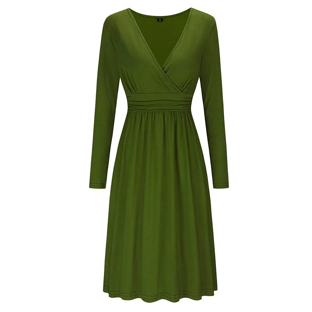 Женское платье с v-образным вырезом и длинным рукавом облегающее зеленое высокой