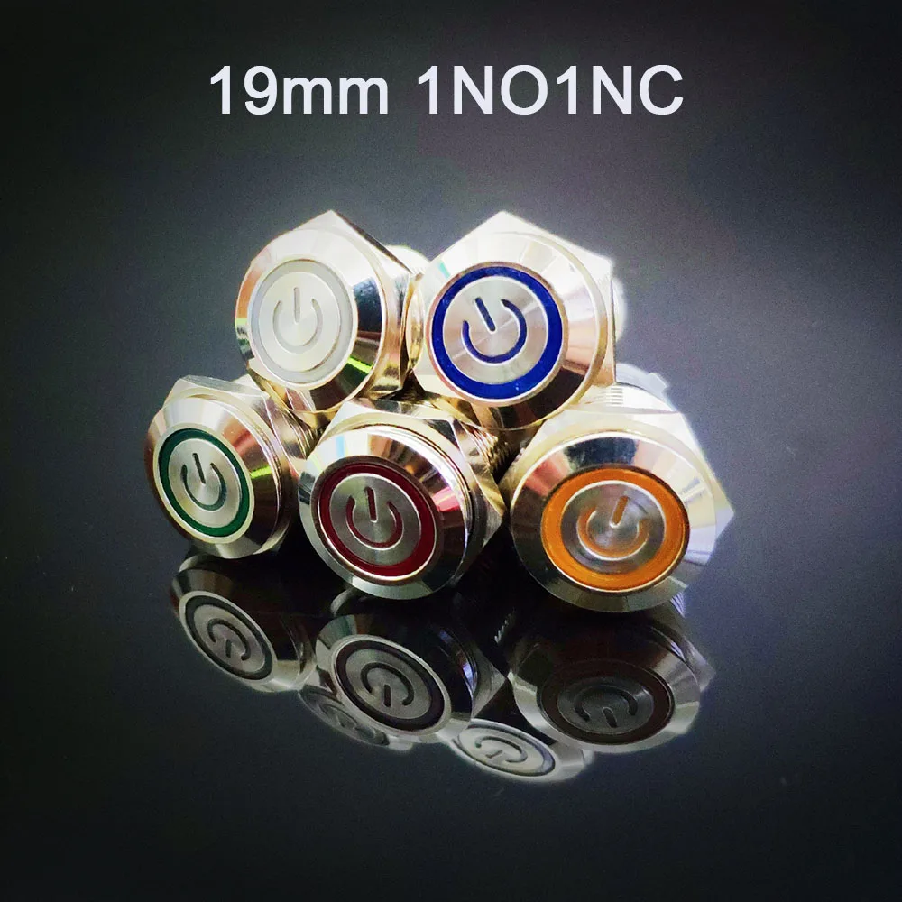 

19mm Metal Button Switch flat Head 5pins LED light Self-Reset 1NO1NC on-off switch Panel Hole Power Push Button momentary button