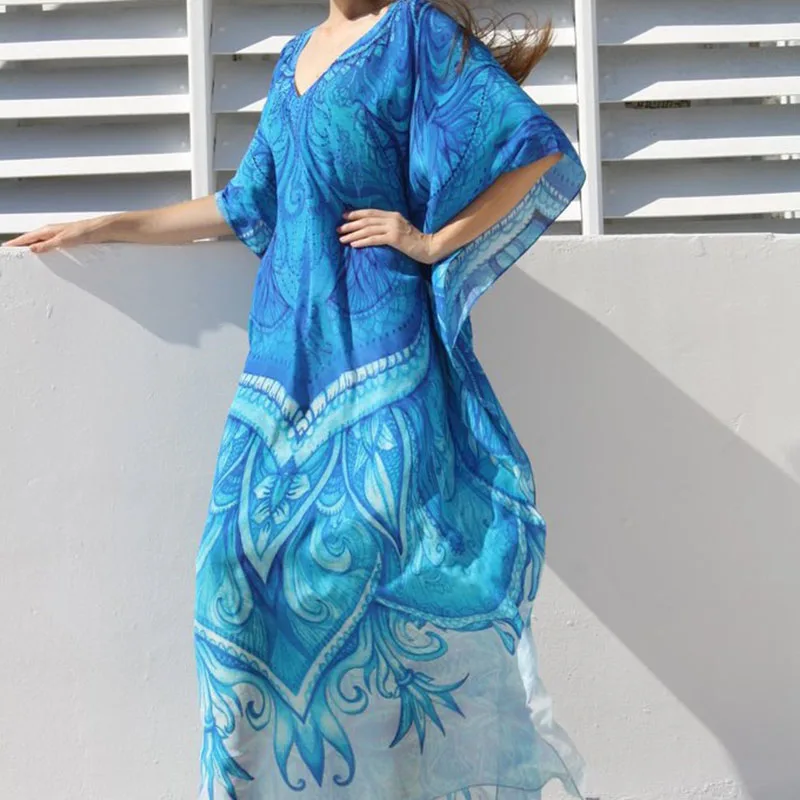 2021 Fashion Positioning Print Flower Swimwear Sky Blue Rayon Oversized Sunscreen Bikini Cover Up Vacation Ladies Long Dress