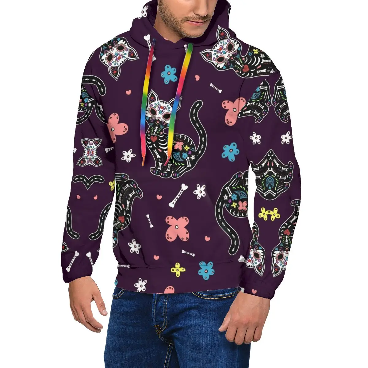 

Dia De Los Gatos Day Of The Dead Hoodie Flowers and Cats Skeleton Polyester Warm Hoodies Long Length Loose Cool Pullover Hoodie