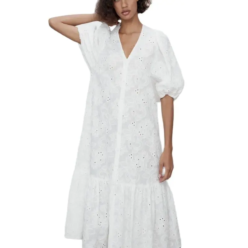 

Женское платье-миди с вышивкой ZA, белое вечерние ковое платье с рукавами-фонариками и оборками на подоле, лето 2021