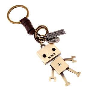 WANGAIYAO new simple cartoon cute robot cowhide keychain personality retro woven key pendant creative bag ornaments